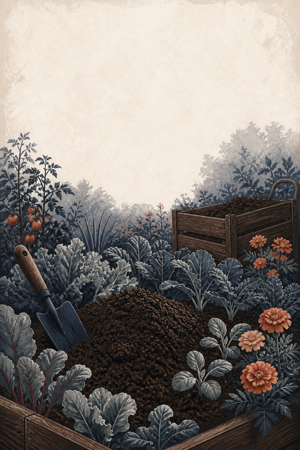 Rich screened compost beside a flourishing garden bed